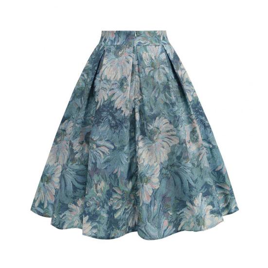 Damen-Midirock mit hoher Taille, Schleifendekor, großer Saum, Rock mit Reißverschluss, Blumendruck, plissierter Retrorock, wadenlanger Rock