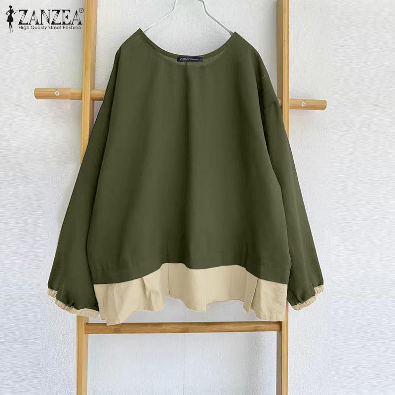 ZANZEA Damen Herbst Rundhals Colorblock Langarm Blusen
