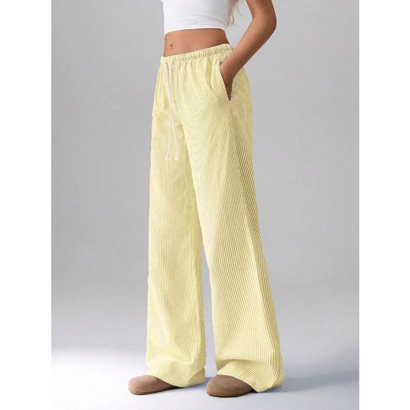 Damen Elastische Taille Gestreifte Weite Hosen Kordelzug Lässige Sommerhosen