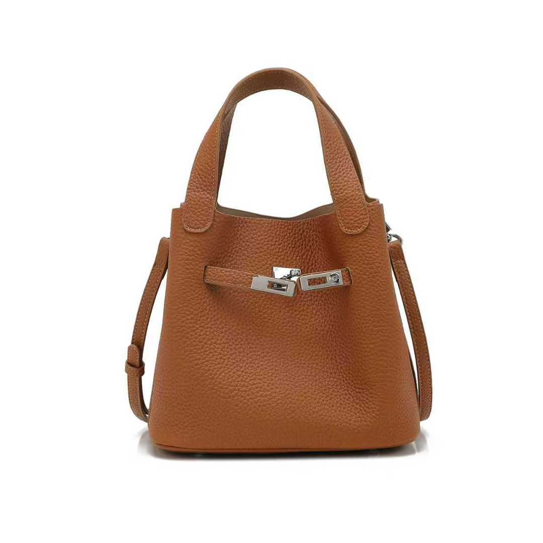 Leather Lychee Pattern Bucket Handbag, Simple And Versatile First-Layer Cowhide Messenger Bag