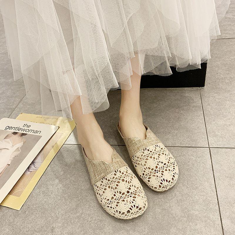 Round-headed, Wrapped-toe Flax Half-slipper for Women, 2026 Summer Wear, Flat-soled, No Heel, Slip-on, Hollow-out Sandals