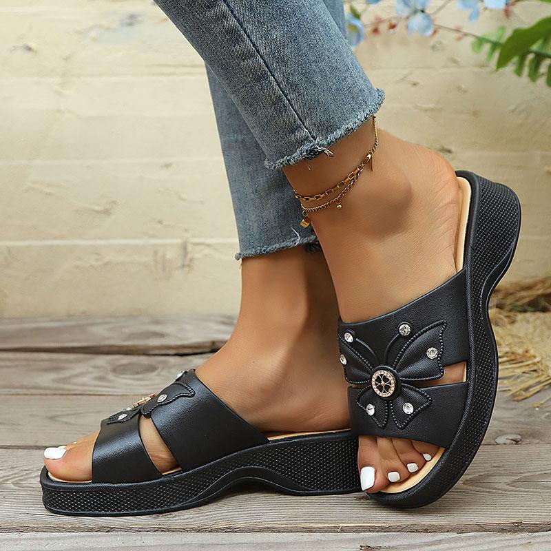 Fashion Shiny Crystal Wedges Sandals for Women Butterfly Decor Chunky Platform Casual Slippers 2025 Summer Thick Sole Non Slip Slides