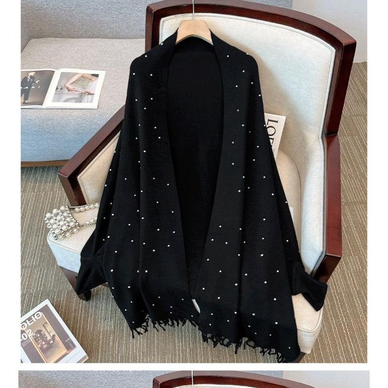 

Шаль Накидка Свитер Куртка Кисточка Осень Зима Свободный Mm Вязаный Кардиган Средней длины Топ L чёрный