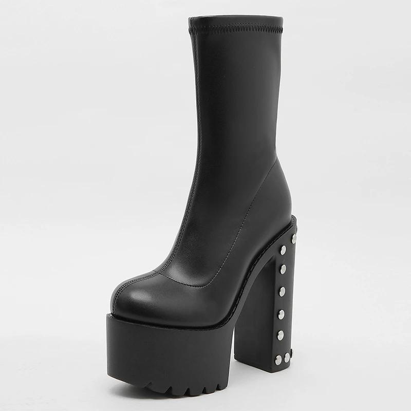 Eilyken Autumn Winter Solid Platform Rivet Zipper Women Ankle Boots Punk Style Round Toe High Heels Nightclub Prom Shoes