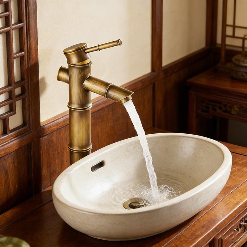 European Antique Bamboo Style Basin Faucet - Solid Copper Vessel Sink Mixer Tap, Hot & Cold Water for Wash Basin