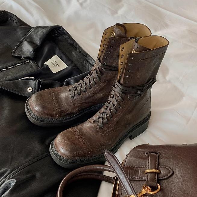 New Spot Cowhide Version~ Grape Mother Same British Style Short Boots Round Head Strap Versatile Martin Boots Women's Side