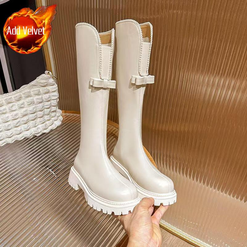 Pearl Bow Middle Heel Round Toe Ladies Knee High Shaft Shoes Autumn Winter Chic and Elegant New in Gothic Hot Women's Long Boots