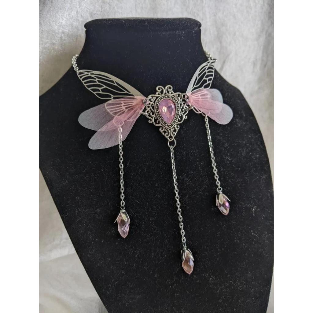 Enchanted Faerie Queen Necklace Wing Charm Goth Aesthetic Fashion Necklaces Y2k Summer Jewelry