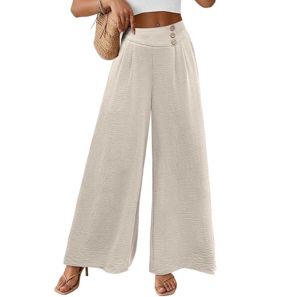 Women Elastic High Waist Pant Casual Fit Wide Leg Long Pants Trousers With Pockets