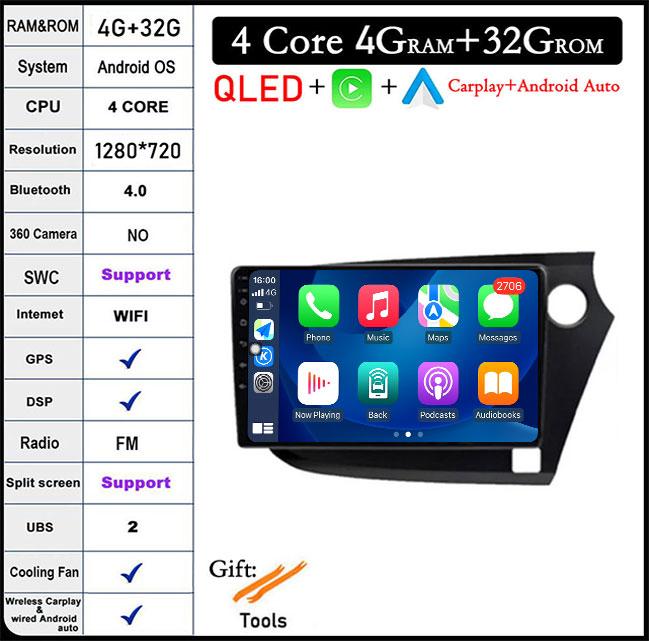 QLED Android 14 For Honda INSIGHT 2 2009-2014 Car Radio Multimedia Player Autoradio DSP Navigation GPS CarPlay Stereo