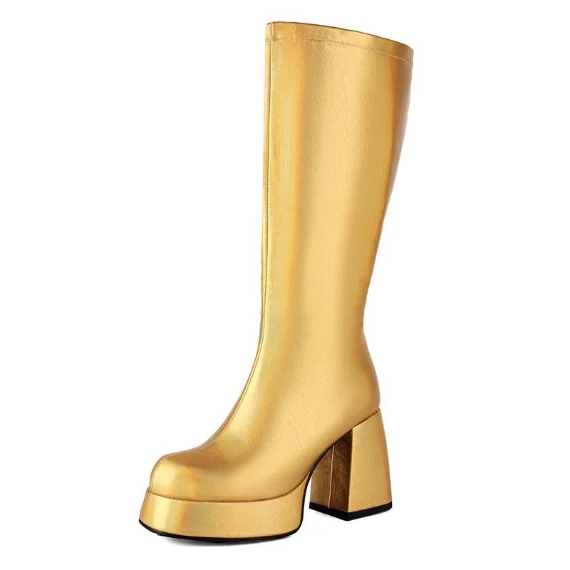 Metallic Silver Gold Microfiber Knee High Boots Women Chunky Heels Party Dress Lady Winter Zipper Plush Gogo Platform Long Boots