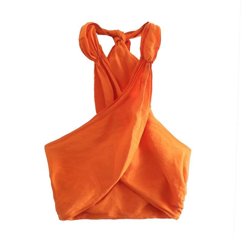 

Kaslead New Arrival Women s Fashion Style Hanging Collar Linen Tops Wide Leg Pants 4043249 711 Orange Tops S