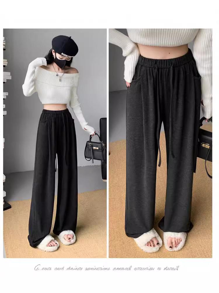 Damskie miękkie spodnie z szerokimi nogawkami - Petite, casualowe, drapowane proste nogawki na wiosnę i jesień