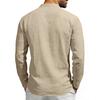 Loose-fit, breathable men’s casual linen shirt with a wide V-neck and a stand-up collar, ideal for outdoor wear