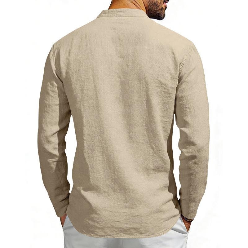 Loose-fit, breathable men’s casual linen shirt with a wide V-neck and a stand-up collar, ideal for outdoor wear