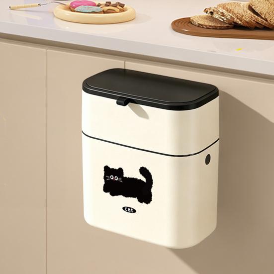 Garbage Can One-Hand Operation Sliding And Lifting Cover Dual Opening Way Trash Bin with Black Cat Print Trash Can for Kitchen Cabinet