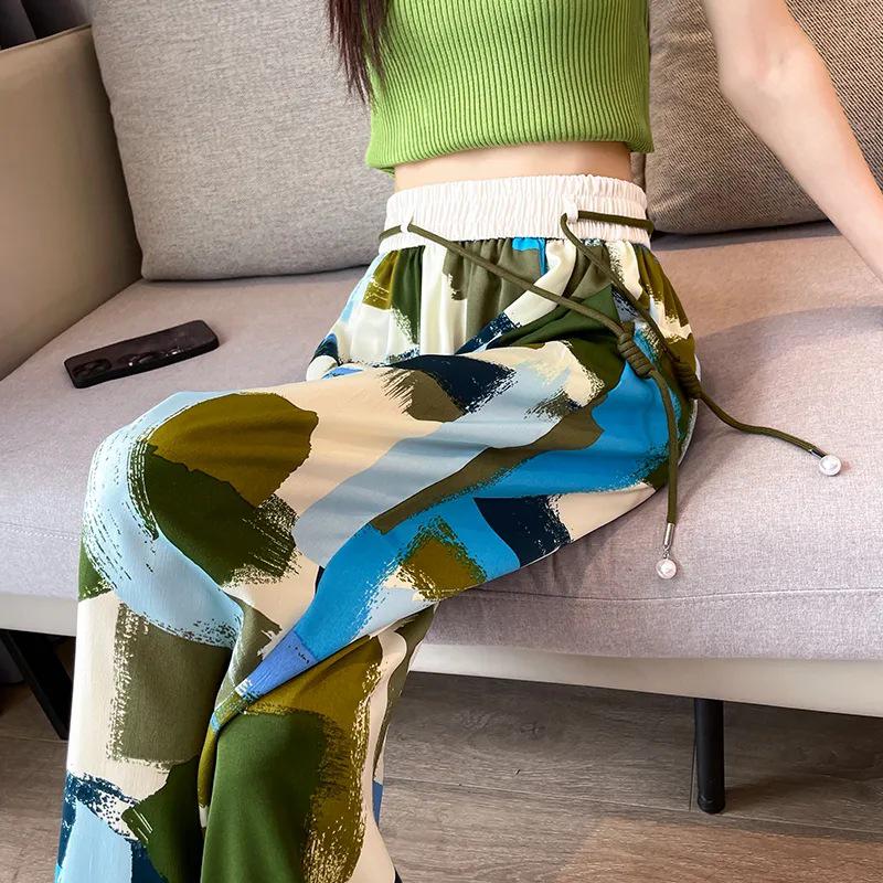 Plus Size Women's High-Waisted Tie-Dye Wide-Leg Summer Pants - Ice Silk, Slimming, Casual, Loose, and Draping.