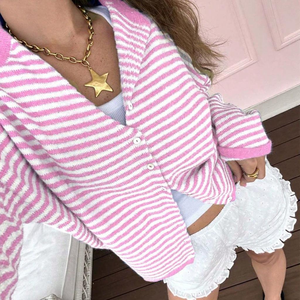 2026 retro contrasting color thin horizontal strip loose coat round neck button knitted cardigan skin-friendly daily versatile coat women