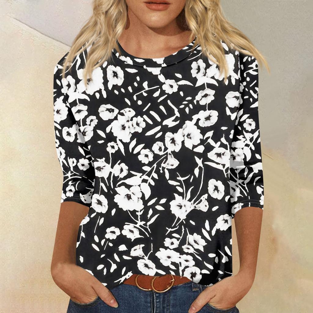 Women's Fashion Casual Round Neck 3/4 Sleeve Loose Printed T-Shirt Ladies Top