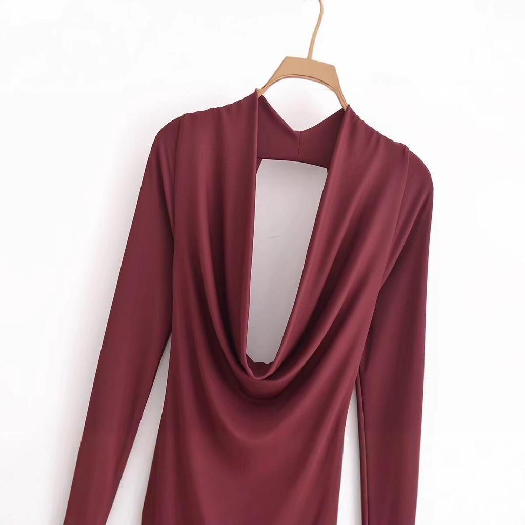 2024 Autumn Women's European & American Style Backless Slim-Fit Pleated Long Dress