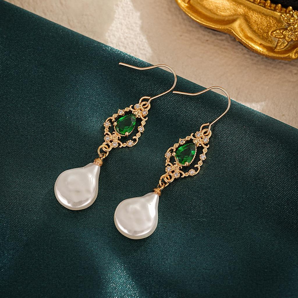 Classical Irregular Pearl Drop Earring with Green Zircon Rhinestone Gold Color Earrings for Women Exquisite Romantic