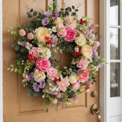 Peony Daffodil Rose Wreath Festive Decoration Spring Door Colorful Floral Decorate Home Decor