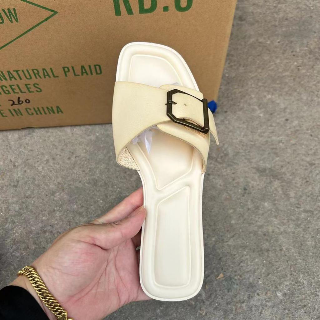 Fashion Buckle Decoration Women's Slippers 2024 Summer Flat Bottom Beach Casual Shoes Female Footwear Brand Design Soft Leather Slides