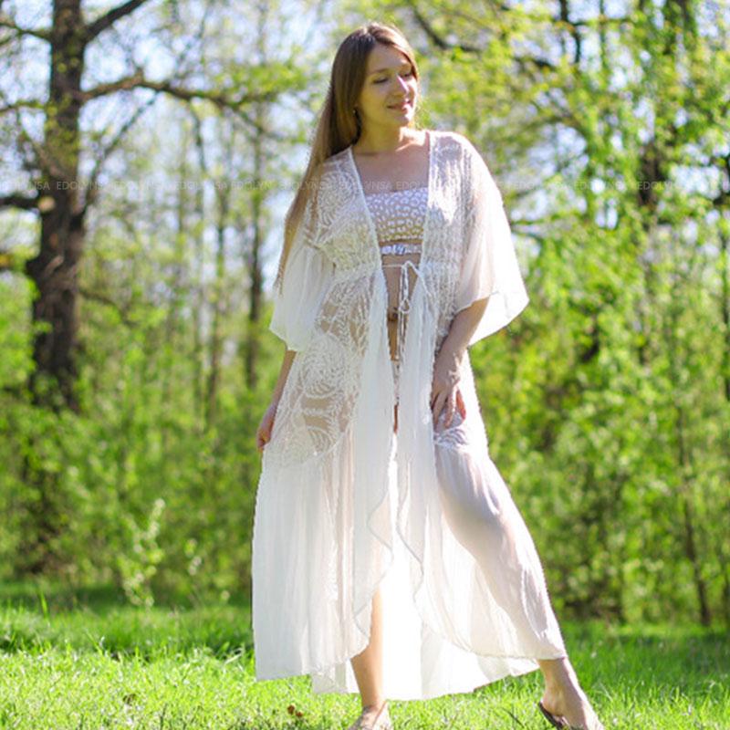 Buy 2020 Long Kimono Cardigan Glamorous Flare Sleeve Lace Ruffed White  Cotton Women Beachwear Maxi Dress at affordable prices  free shipping,  real reviews with photos  Joom