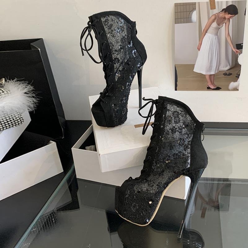 Fashion Liyke Spring Autumn Peep Toe Lace Up Platform Pumps Women Ankle Boots Fashion Sequined Mesh Super High Heels Shoes Zapatos Mujer