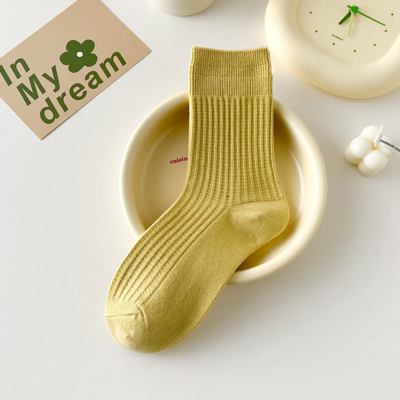 Japanese-Style Cotton Mid-Calf Socks with Waffle Texture and Macaron Fabric Label
