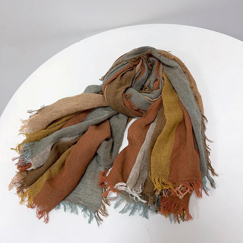 Thin Cotton And Linen Striped Scarf Literary And Versatile Soft Neck Protection Silk Scarf Women'S Travel Shawl