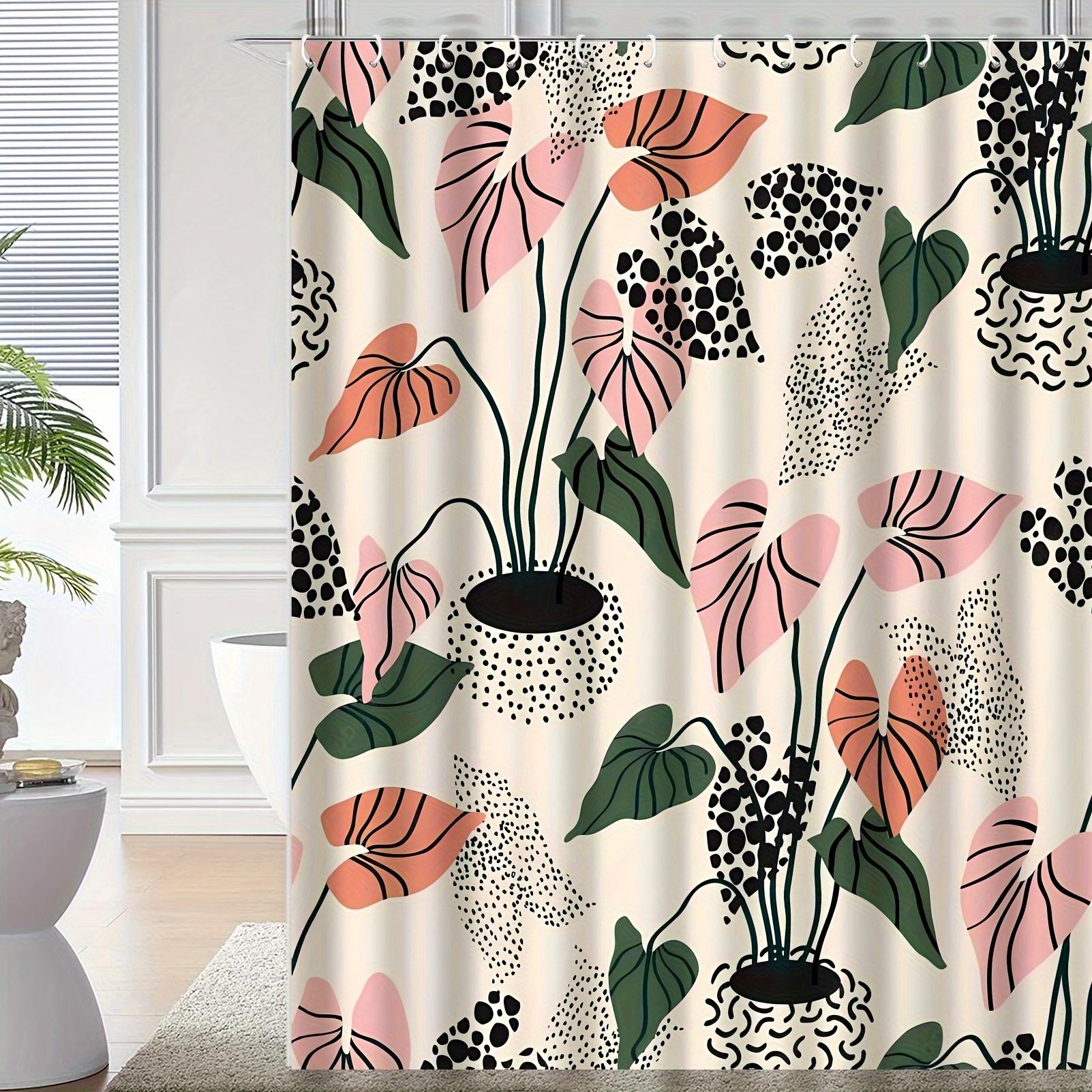 Water-Resistant Curtain - Abstract Plant & Dots, 71In, Polyester, 12 Hooks, Fits Bathtubs W90XH180cm