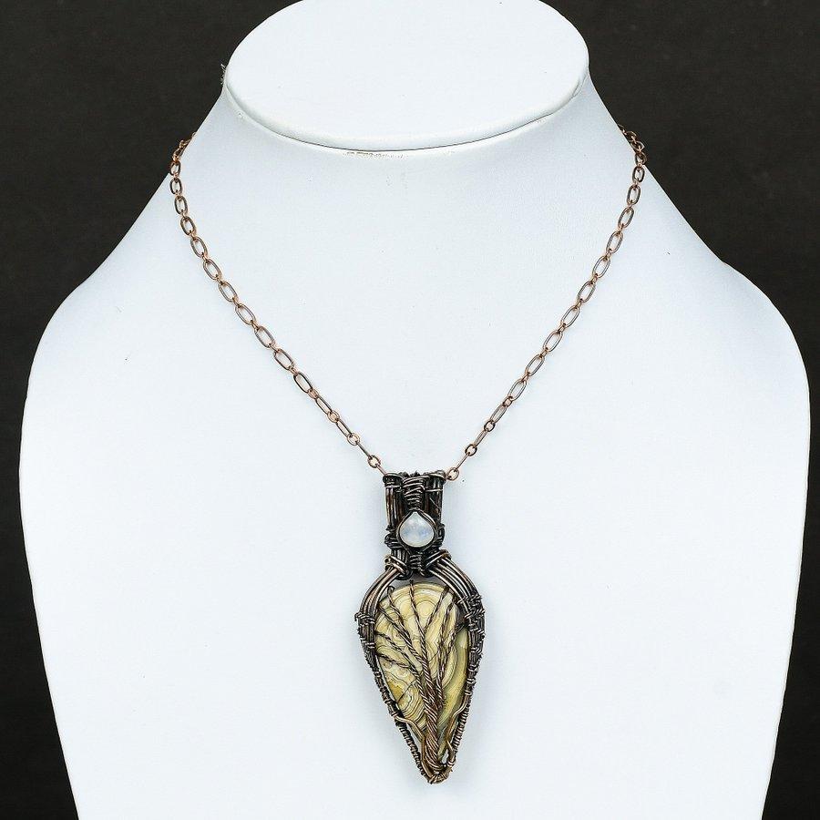 Natural Crazy Lace Agate, Moonstone Gemstone Copper Wire Wrap Pendant 2.96" i4O94
