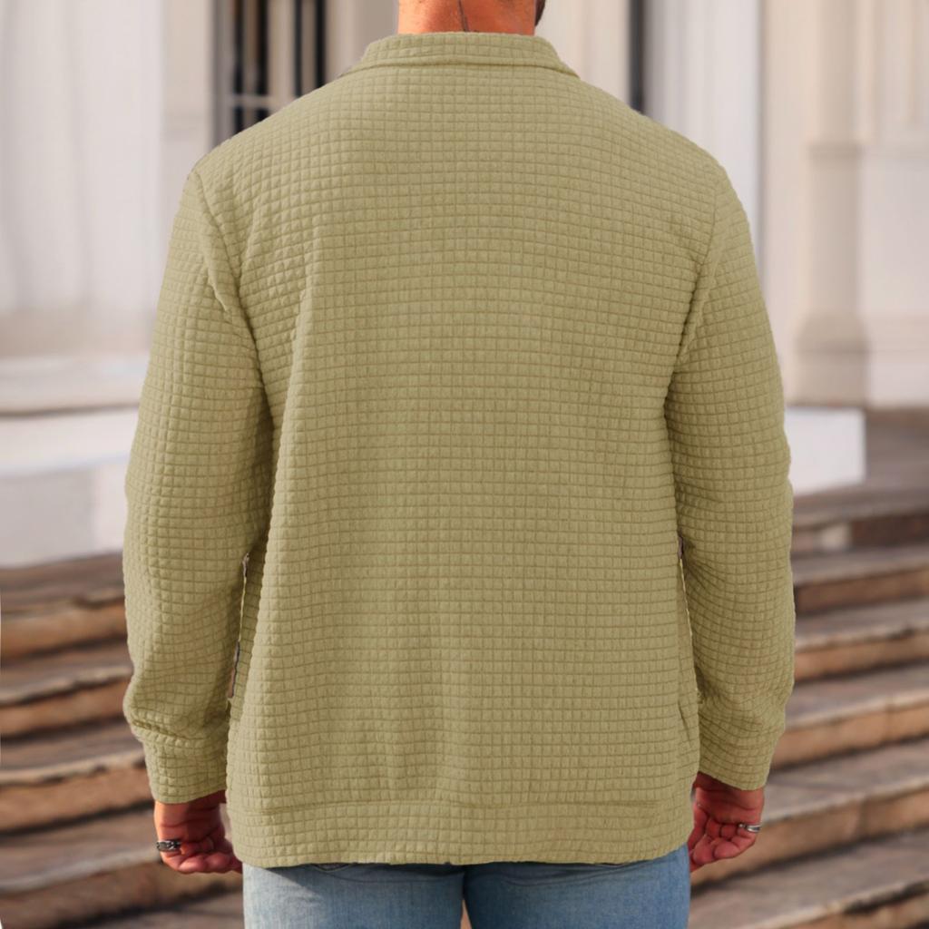 Men's Casual Double-Pocket Lapel Jacket Solid-Color Small Check Loose Long Sleeve Outerwear Shirt