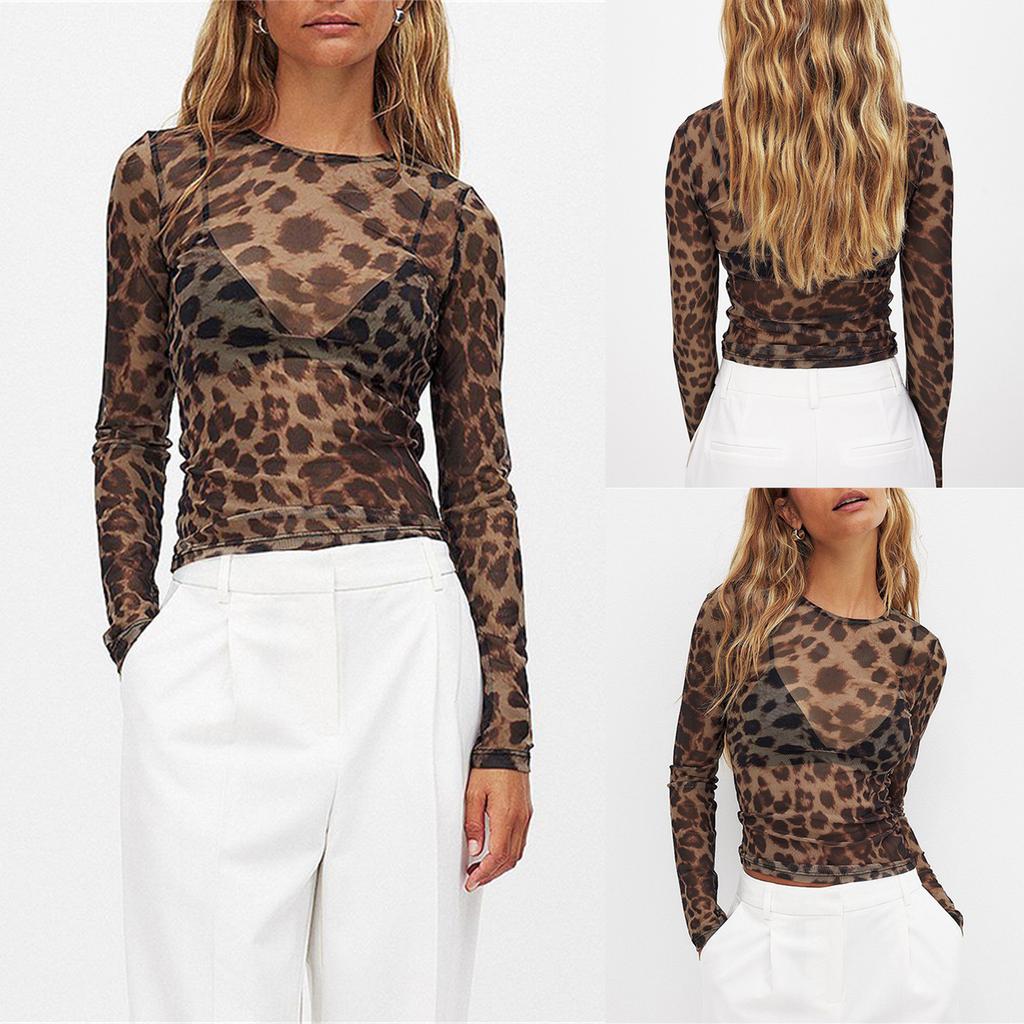 Women T-shirt, Long Sleeve Crew Neck Leopard Print Slim Fit Ladies Fall Tops Streetwear