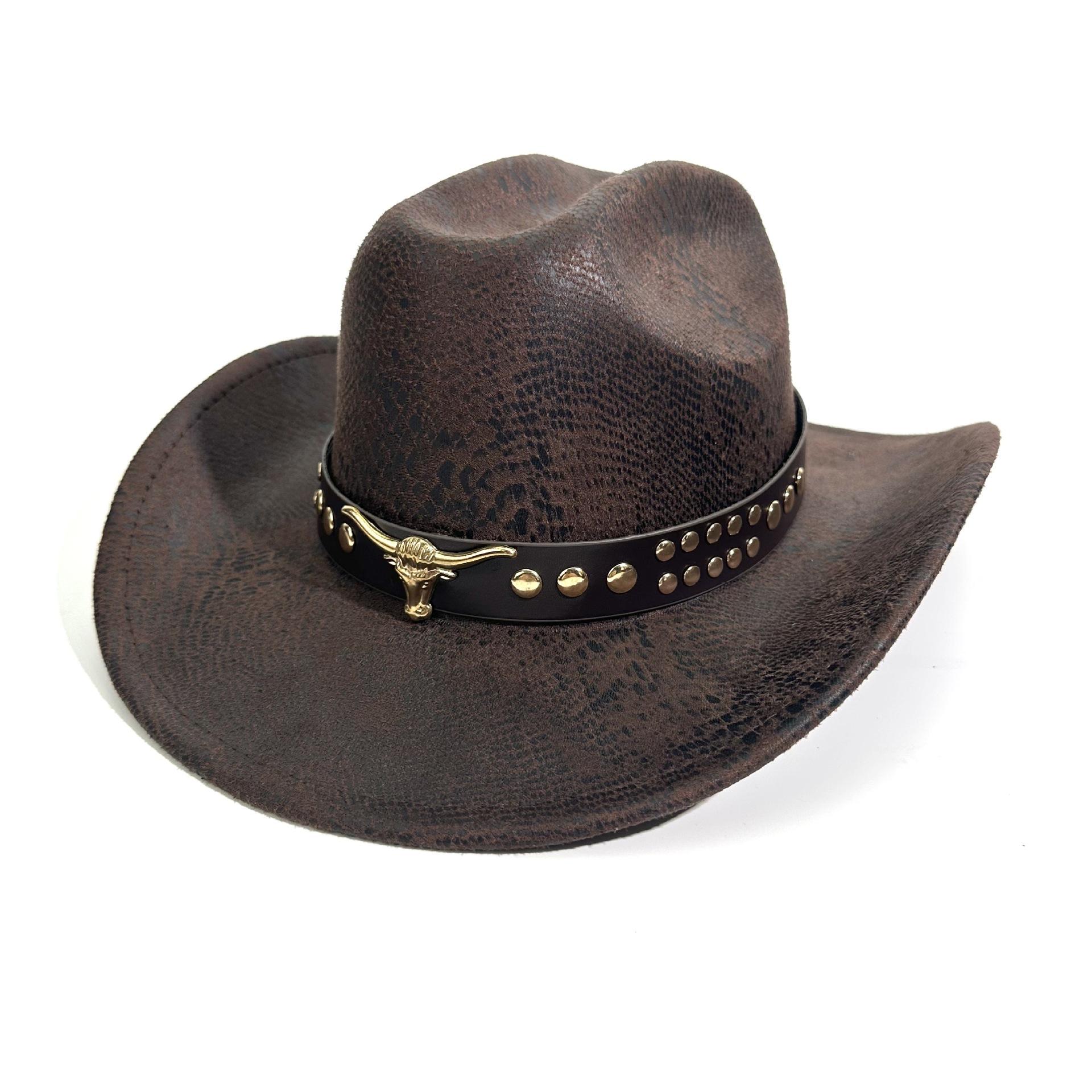 

New Western Cowboy Hat European And American Versatile Sunshade Sunscreen Jazz Hat Spring And Autumn Bull Head Accessories Popular Top M（56-58cm） темно-коричневого кольору