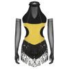 Womens Latin Figure Skating Jumpsuit Sleeveless Sequined Tassel Leotard Bodysuit Matching Mesh Gloves