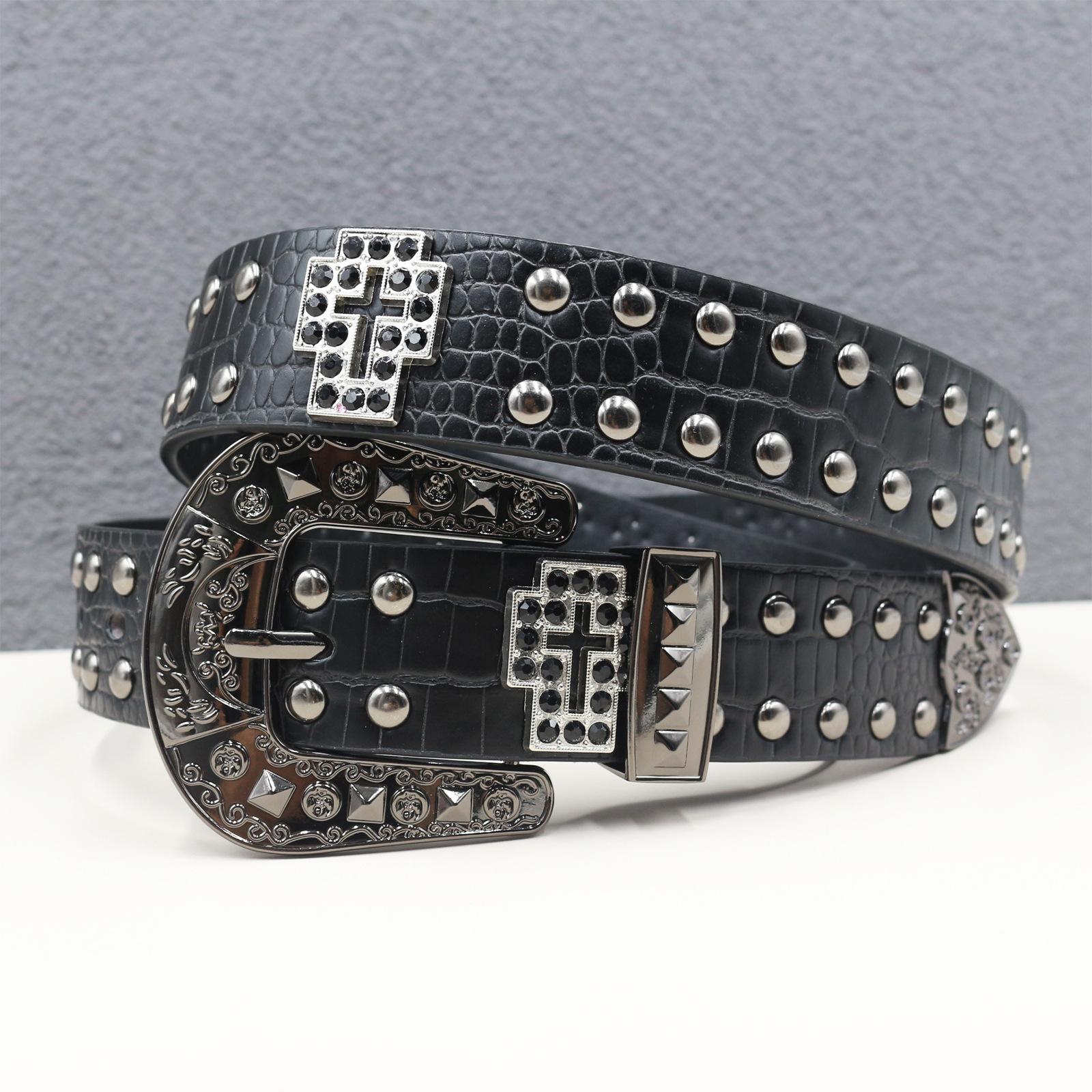 

Street Rivet Belt Punk Men s Belt Women Crocodile Pattern American Rivet Hollow Cross 125cm