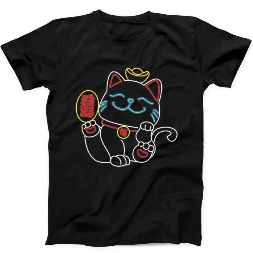 Maneki Neko Japanese Lucky Cat Neon Line Light Funny Gift Black T Shirt 68