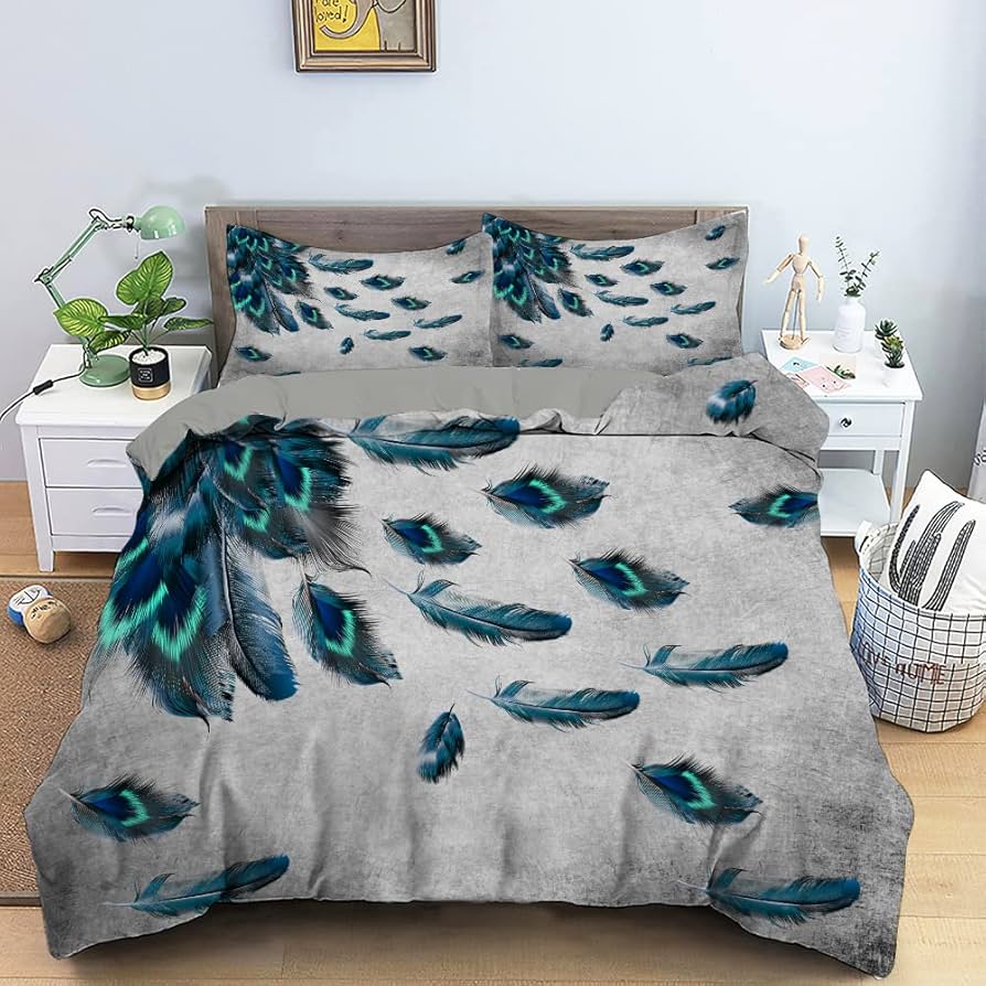 Peacock Feather Duvet Cover Queen Rustic Wildlife Woodland Animal Bedding Set for Boys Girls,Watercolor Peafowl Comforter Cover
