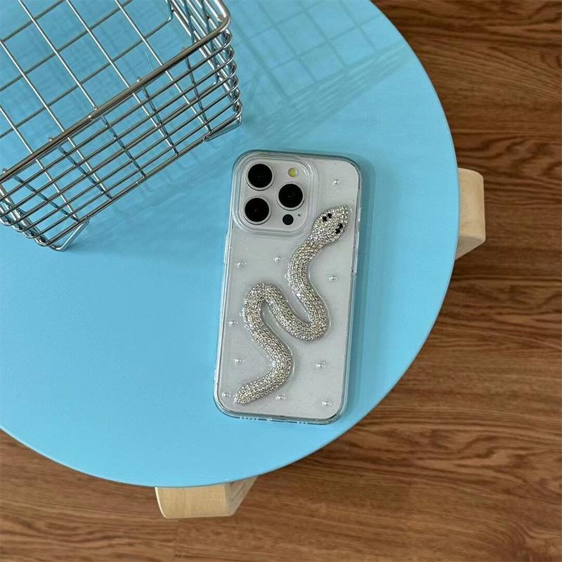 Epoxy Three-dimensional Rhinestone Snake Mobile Phone Case for Apple 17Promax Transparent for IPhone13Pro Flash Diamond 16
