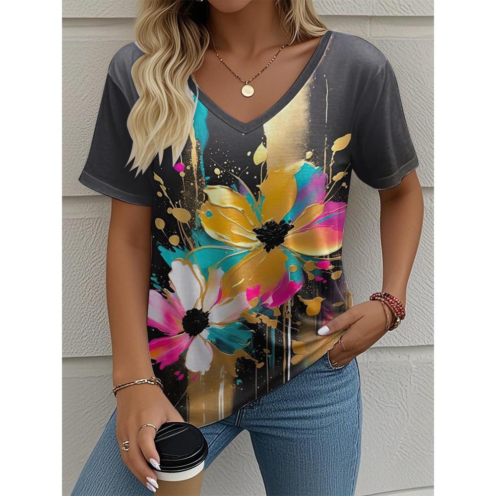 Blumen Damen V-Ausschnitt T-Shirt Sommer Outdoor Lässig Kurzarm Tops Mode 3D-Druck Trendig Übergröße Damenbekleidung