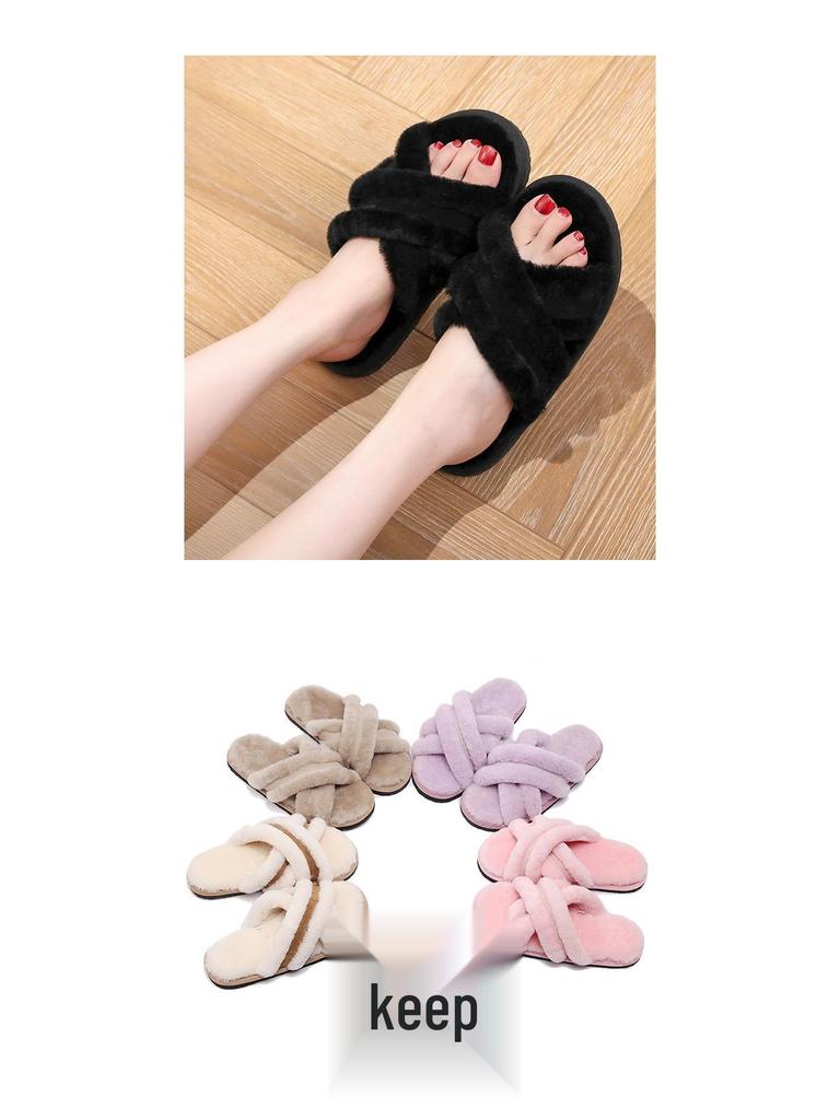 Women's Leather & Fur Cross Toe Flat Shoes - Cozy Autumn/Winter Versatile Thick-Soled Footwear for Home & Outdoor.
