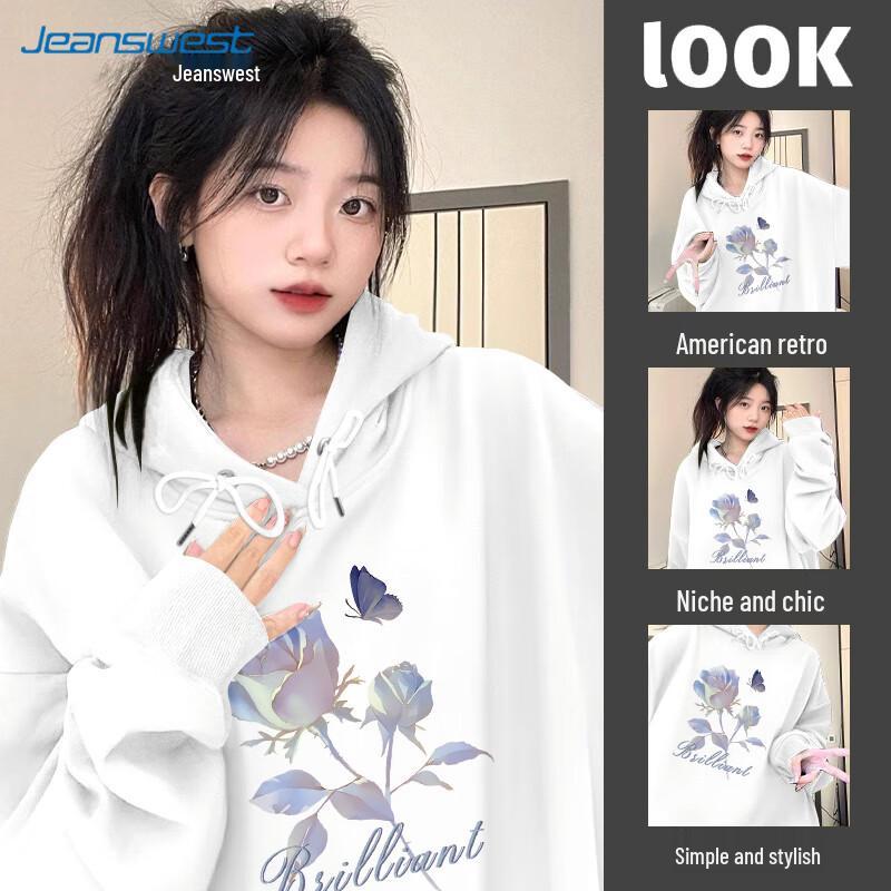 Jeanswest Women's 2025 Fall Blue Rose Print Hooded Sweatshirt