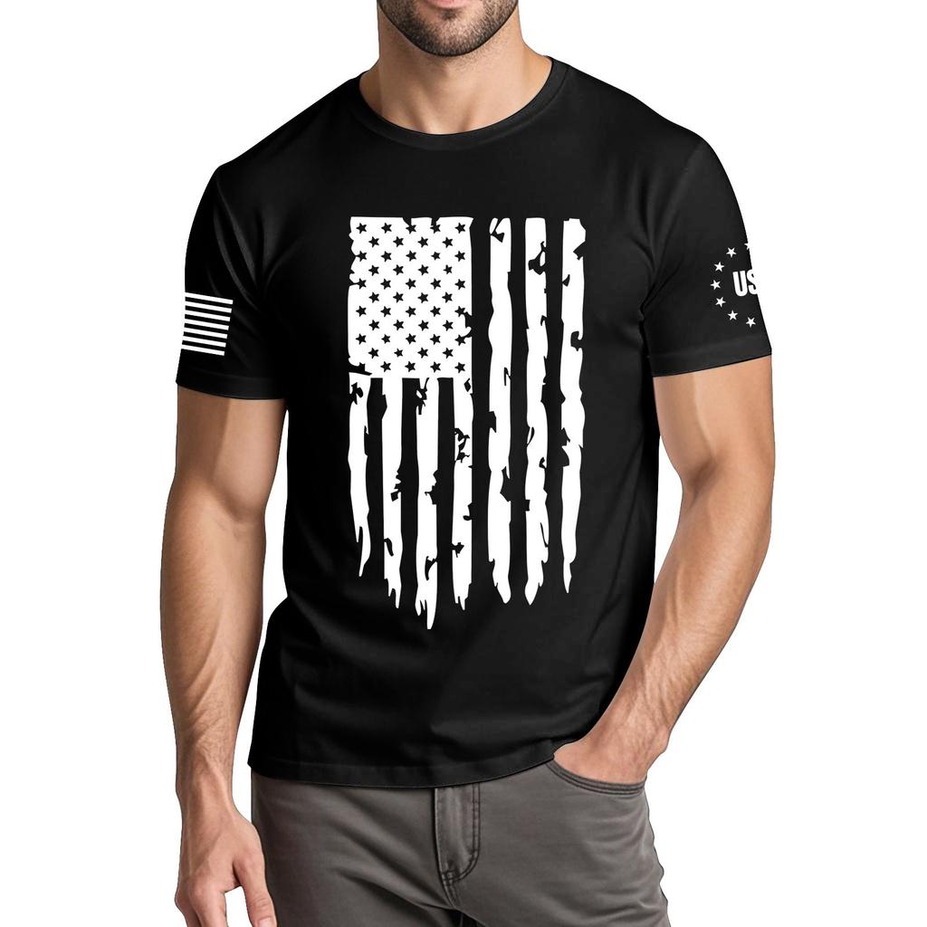 Menns moteriktige avslappede Independence Day trykte t-skjorte med rund hals og korte ermer