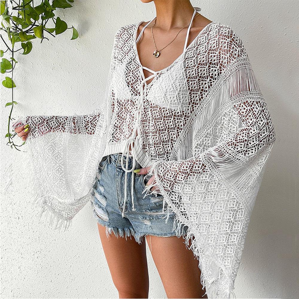 Women's Beach Blouse Tassel Sexy Flared Sleeve Sunwear Long Sleeve Top