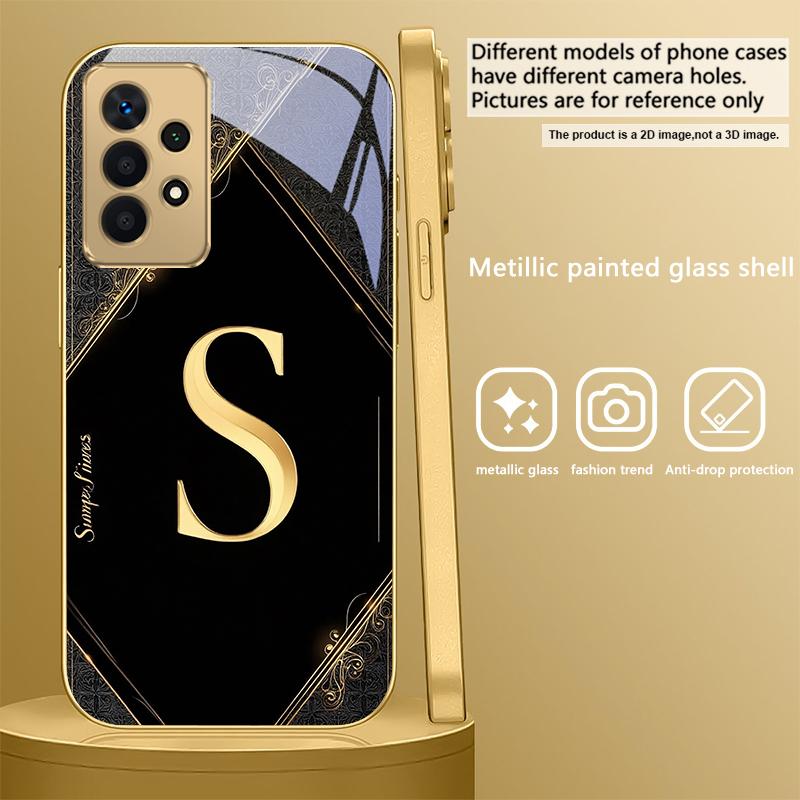 Luxurious emblem letters For Samsung A 01 52S A04 A05S A10 A12 13 22 23 24 36 42 M02 Note 10 20Ultra 8 9 Golden glass phone case