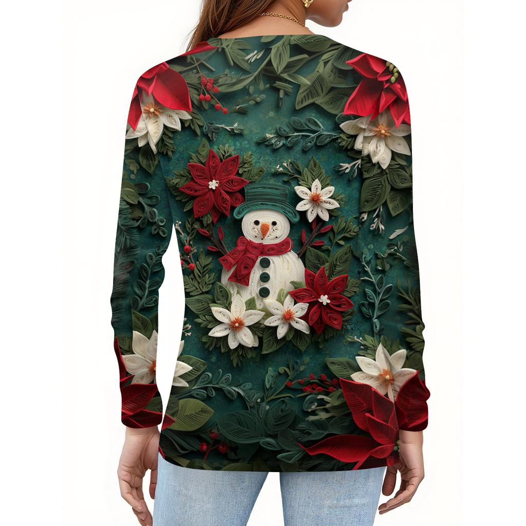 Women's Fashion Casual H Printed V-Neck Long Sleeve Decorative Button T-Shirt Tops