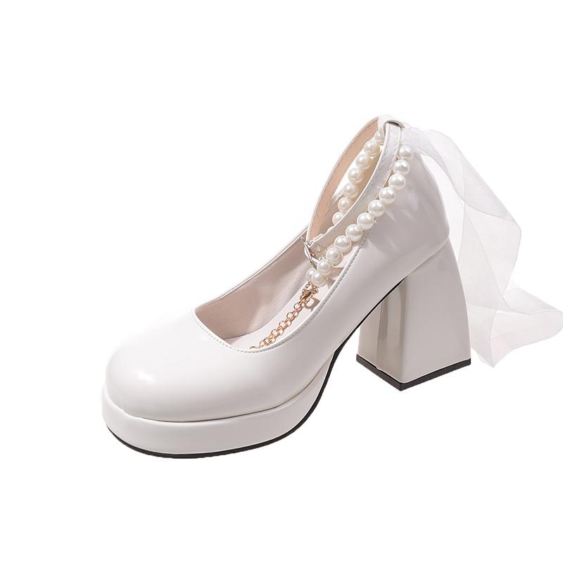 

Designer Mary Jane Shoes Women s Spring New Ultra-high Heel Pearl Chain with Platform Block Heel Wedding Shoes Lolita Shoes 40 белый