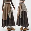 Women's High-Waisted Retro Plaid Lace Patchwork A-Line Skirt with Irregular Hem